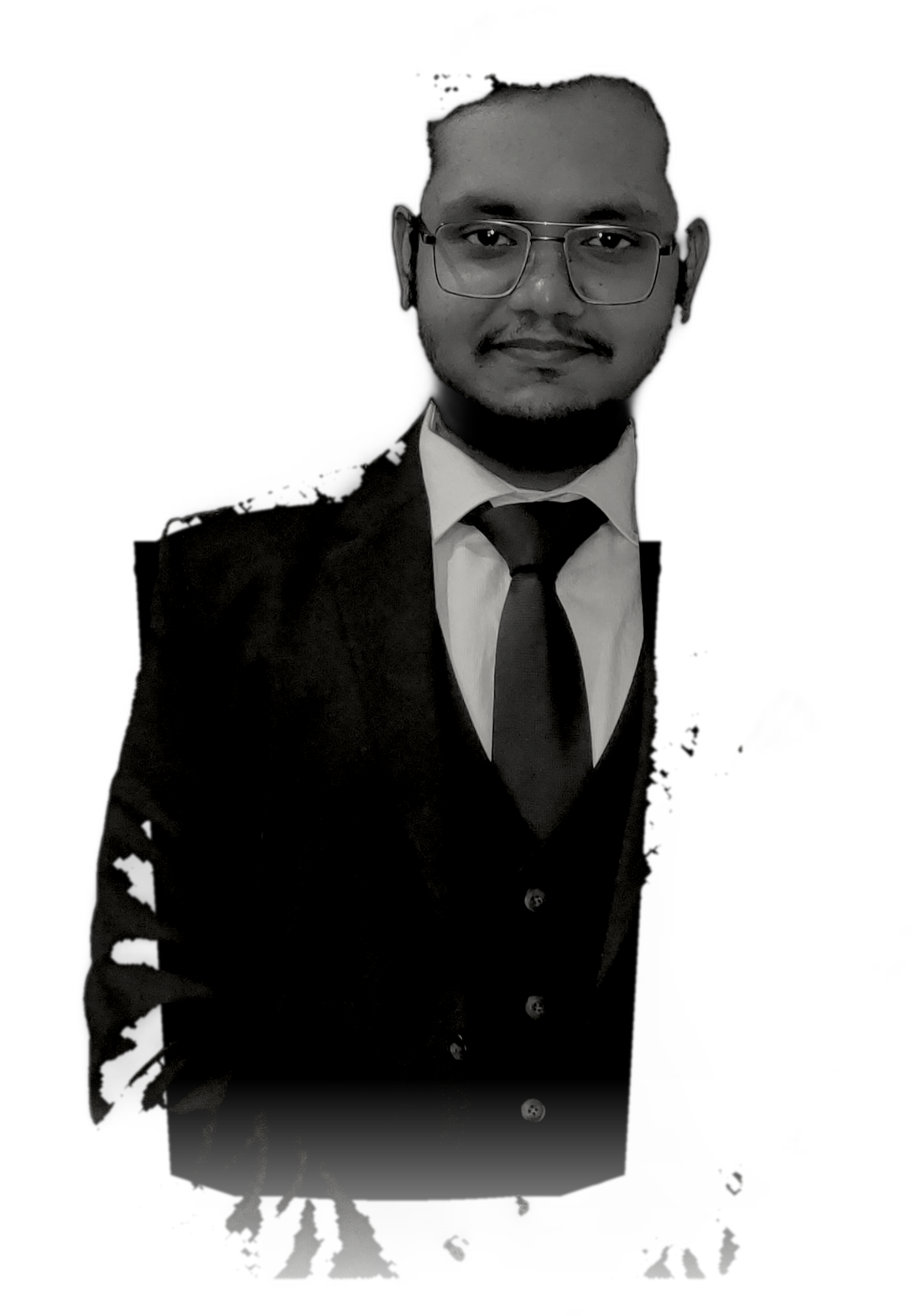 Black-and-white portrait of Muhammad Anfaal in a dark suit